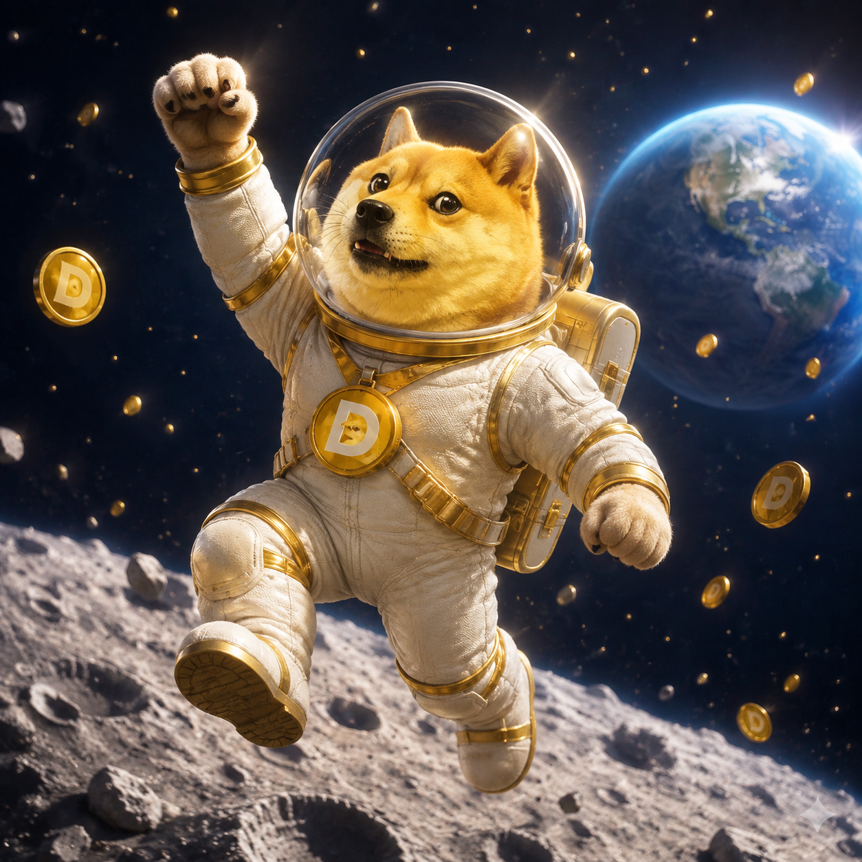 Astronaut Doge leaping on the Moon