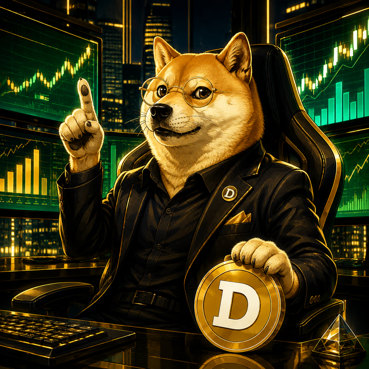 Doge trading in a gold-lit office