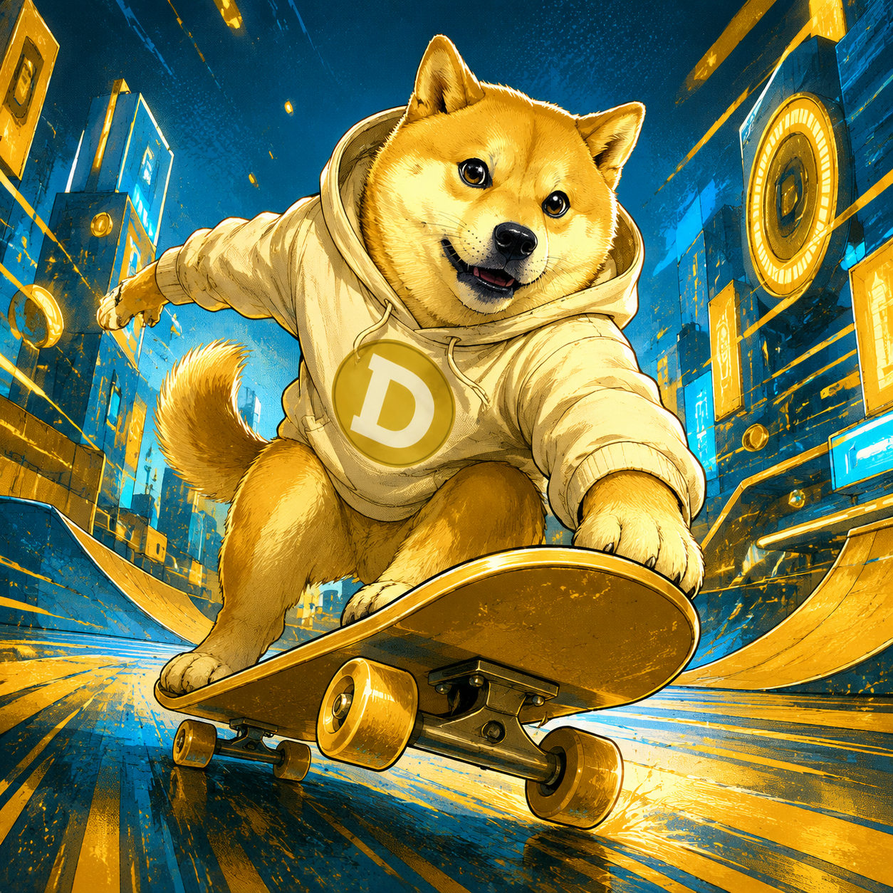 Doge skating through a neon city